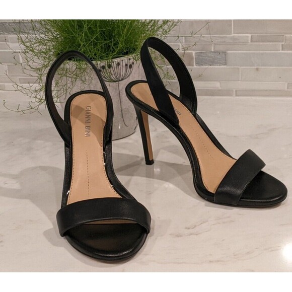 GIANNI BINI Black Leather Sling-Back 4" Stiletto Heel One-Strap Sandals 7M - Picture 2 of 11